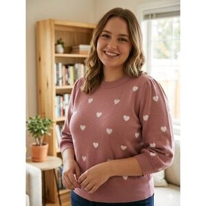 Adrienne Vittadini Pink Heart Rhinestone Puff Sleeve Sweater Plus Size 1X